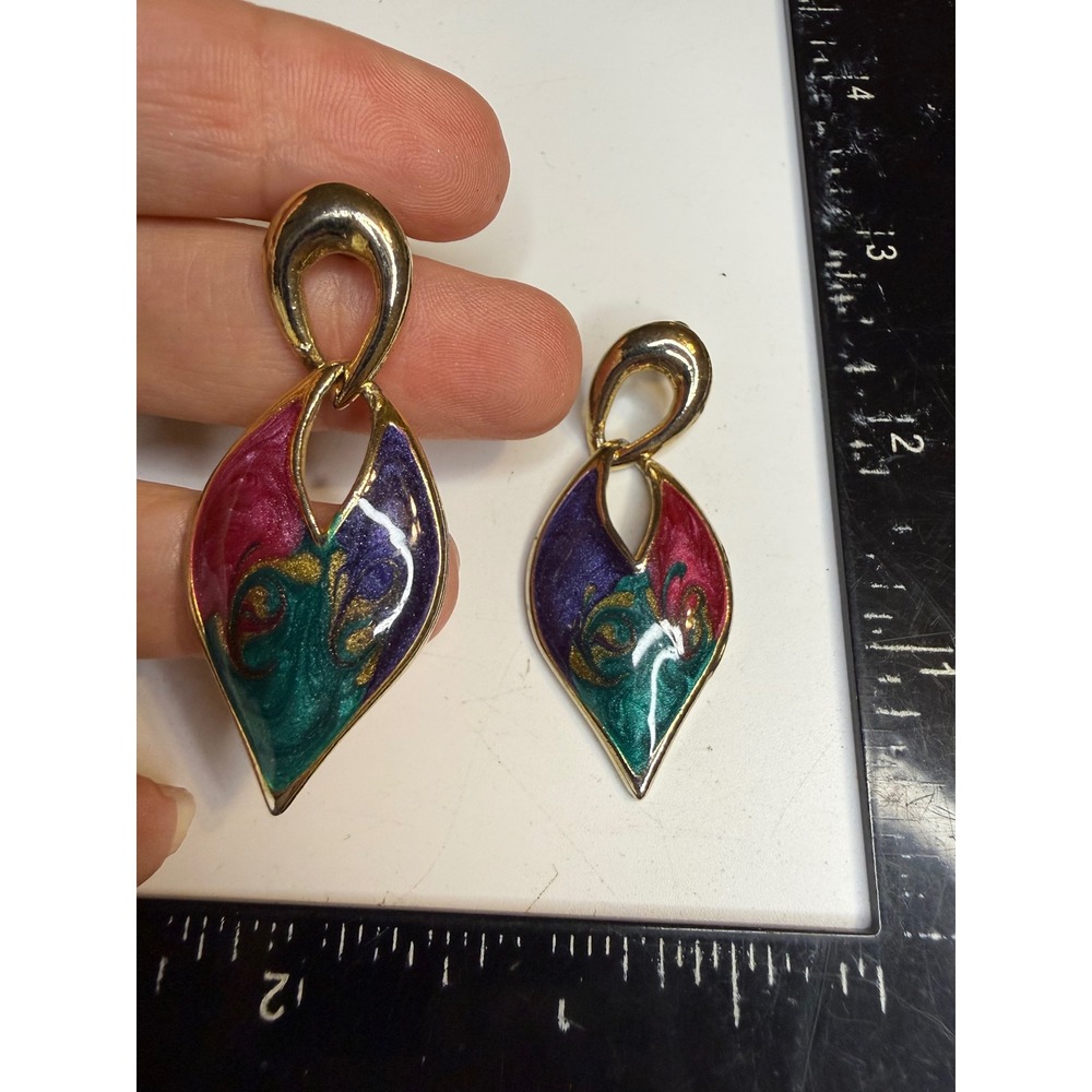 Vintage 80s Gold Tone Enamel Cloisonne Drop Earrings Jewel Tone Magenta Teal